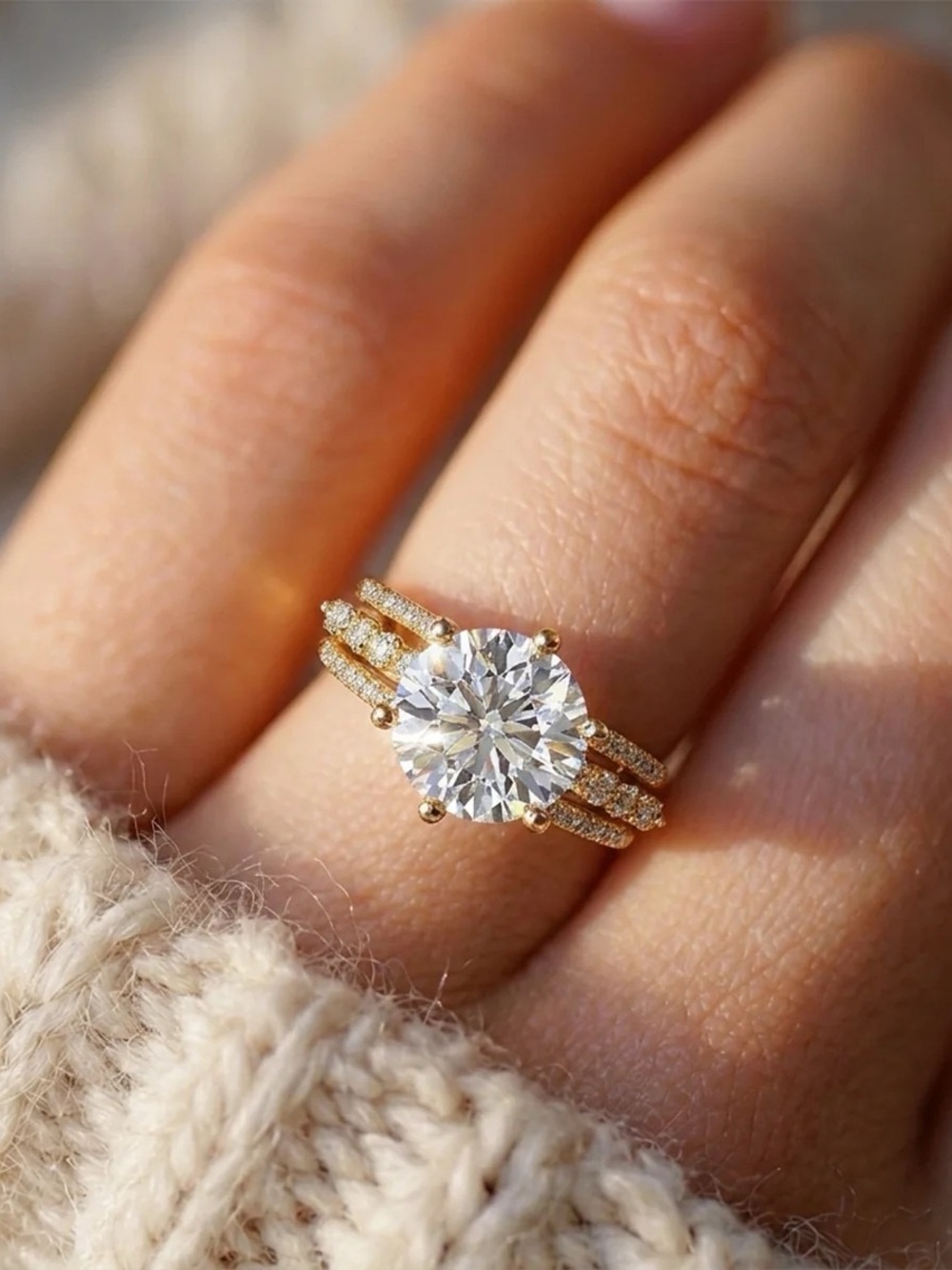 14K Gold Triple-Band Pavé Engagement Ring with 5C Lab Grown Round Center Stone